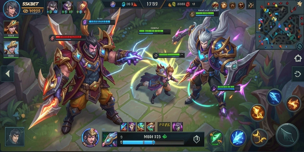 Tampilan gameplay MOBA yang intens dan menarik di 55KBET.