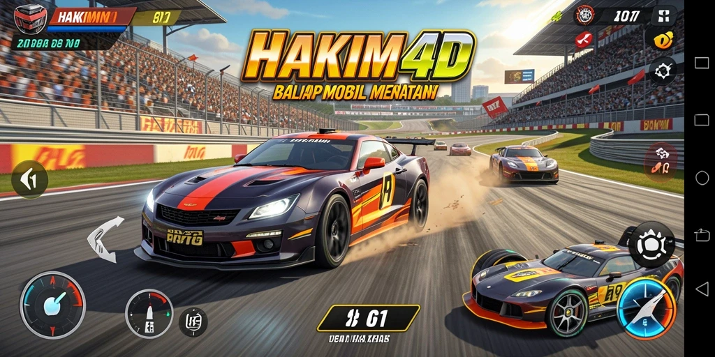 Tangkapan layar gameplay HAKIM4D menampilkan balapan mendebarkan di lintasan yang menantang.