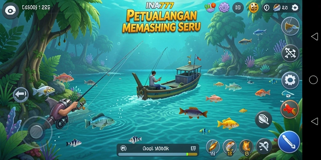 Screenshot gameplay INA777 menunjukkan keseruan memancing di alam yang indah.