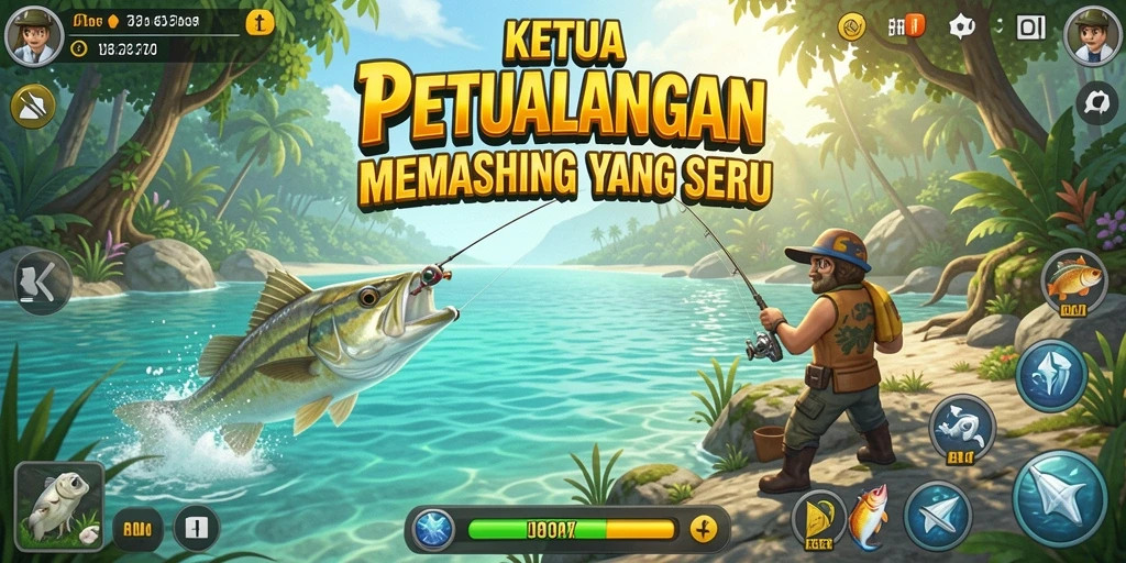 Screenshot dari gameplay KETUA yang menunjukkan pemancingan di danau yang indah.