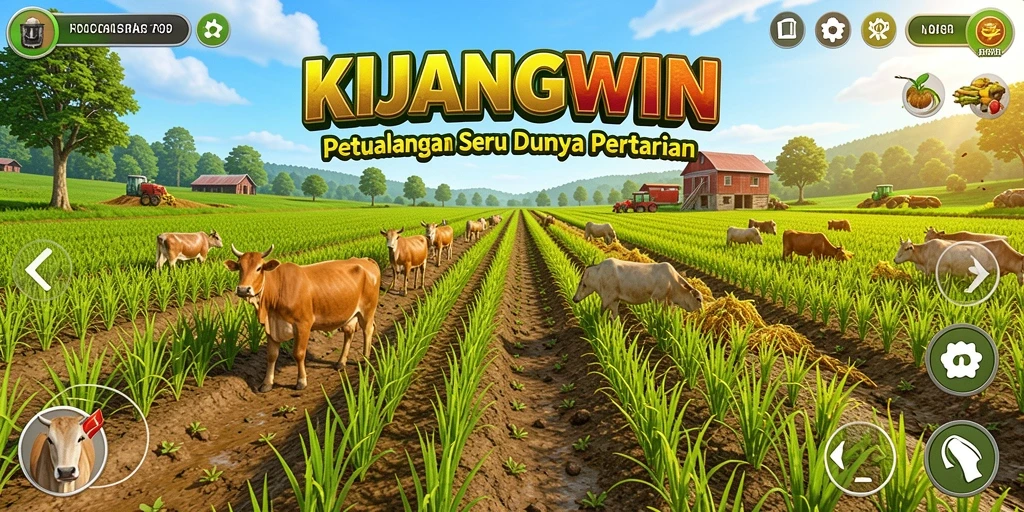 Tampilan gameplay KIJANGWIN dengan kebun subur dan hewan ternak