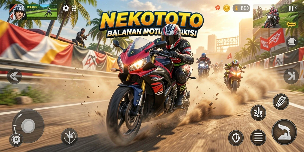 Screenshot gameplay NEKOTOTO menunjukkan aksi balapan yang mendebarkan.