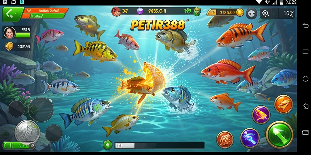 Tampilan gameplay seru PETIR388 dengan aksi menembak ikan.