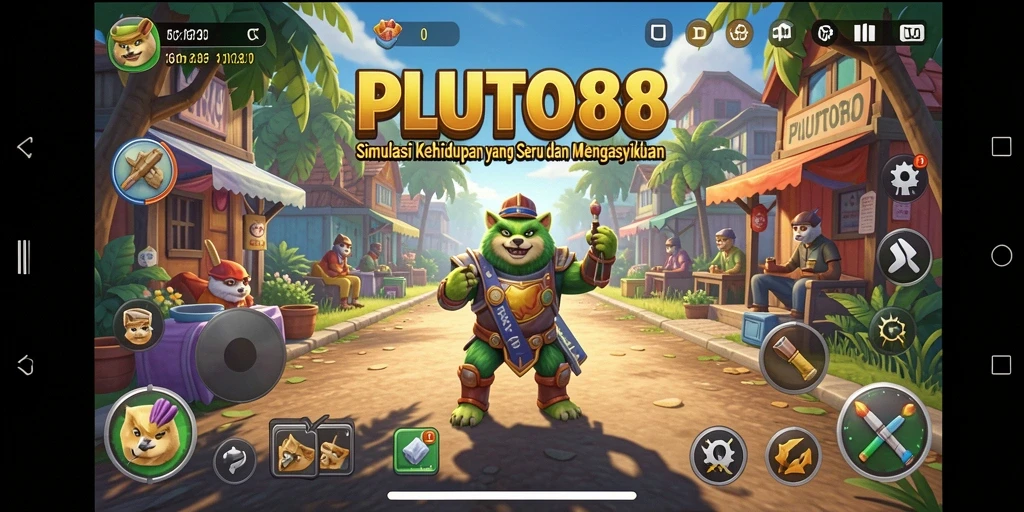 Screenshot utama menampilkan gameplay mendalam PLUTO88 dengan interaksi karakter.