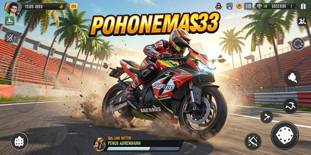 Tampilan gameplay seru dalam POHONEMAS33 yang menampilkan aksi balapan motor.