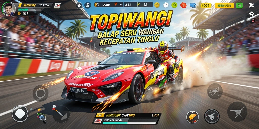 Gameplay seru di TOPIWANGI dengan mobil balap cepat.